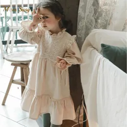 Kız Elbiseler Moda Bebek Pamuk Elbise Bebek Toddler Çocuk Çiçek Pufu Uzun Kollu Dantel Vestido Stand Yakası Gevşek Giysiler 2-12y