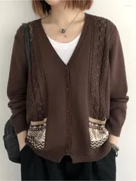 Maglieria da donna Johnature Donna Casual Scava Fuori Maglioni Cardigan Con Scollo A V Manica Lunga Lavorato A Maglia di Cotone Tasche 2024 Autunno Vintage