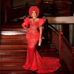 Festklänningar nigerianska afrikanska aso ebi kväll röd sjöjungfru pärla spetsar prom klänning långa ärmar lyx svarta kvinnor formella klänningar
