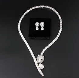 Mode wilde übertriebene luxuriöse Halskette Leopardenkopf Schlangenkörper voller Diamanten Armband Paar Ohrring Geburtstagsgeschenk Designer Schmuck Sets PKC036