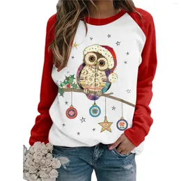 T-shirt da donna 2024 Retro Cute Owl Stampa T-shirt da donna Natale Manica lunga Raglan Top Donna Abbigliamento O Collo Vintage Tee Shirt Femme