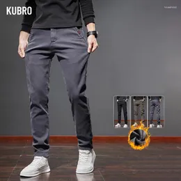 Calças masculinas Kubro 2024 Outono Inverno Moda Elegante Fleece Causal Homens Negócios Slim Macio Quente Estiramento Reto Versátil Calças