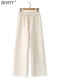 Frauenhosen ZEVITY 2024 Frauen Mode Einfarbig Patchwork Beiläufige Breite Bein Weibliche Elastische Hohe Taille Fleece Lange Hosen Mujer P5270