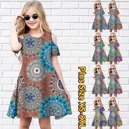 Mädchenkleider 2024 Lässiges Mädchen-A-Linien-Kleid mit klassischem Druckdesign, trendiges Kurzarm-Midi-Sommer-Pick-Chic-Swing