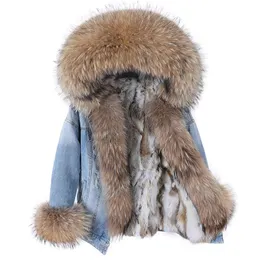 Maomaokong jaqueta jeans parka inverno mulheres parkas gola de pele real casaco de pele de guaxinim natural capuz de pele de coelho real forro de luxo 240129