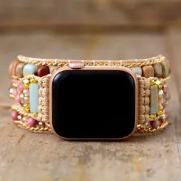 Bracelets Creative Natural Gems Stone Aple Watch Band Beads Boho 3X Wrap Vegan Rope Watch Strap Wristband Bracelet Accessories Dropship