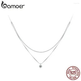 Hängen Bamoer 925 Sterling Silver Shining Zircon Pendant Halsband Dubbelskikt Neckkedja för kvinnors engagemang bröllop fina smycken