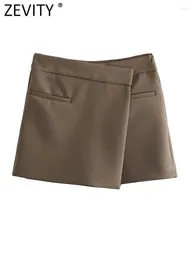 Shorts femininos zevity 2024 mulheres moda cor sólida assimétrica magro mini saia senhora lado zíper chique pantalone cortos qun5936