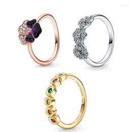 Cluster Rings 2024 Spring 925 Silver Original Type Dark Purple Pansy Flower Ladies Ring For DIY European Jewelry Making