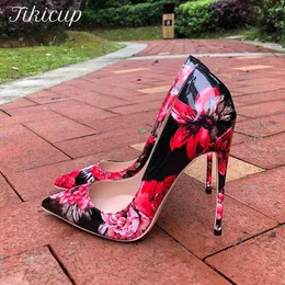 Sapatos de vestido Tikicup Mulheres Gloossy Floral Impresso Dedo Apontado Salto Alto 8cm 10cm 12cm Senhoras Vestido de Festa Sapatos Sexy Patente Stiletto Bombas