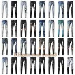 Jeans viola Jeans firmati da uomo Pantaloni denim Pantaloni neri Trapuntatura di alta qualità strappata per pantaloni vintage di marca di tendenza piega sottile skinny moda Jeans strappati