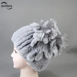 Inverno Top Fiore 100% Vera Pelliccia di Volpe Cappello E Berretti di Coniglio Rex Per Le Donne Neve Morbido A Righe Caldo Copricapo Berretti Lavorati A Maglia 240131