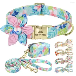Dog Collars Personalized Collar Leash Poop Bag Set Printed Nylon Custom Free Engraved With Floral For Small Medium Dogs