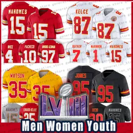 Super Bowl LVIII 15 Patrick Mahomes Kansas ''City ''Chiefs ''Football Jersey Travis Kelce Isiah Pacheco Rashee Rice Derrick Thomas Trent McDuffie Chris Jones