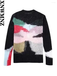 Женские свитера XNWMNZ, мода 2024, осенний вязаный свитер с цветными блоками, женский уличный универсальный женский пуловер с круглым вырезом и длинными рукавами