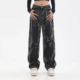 Damskie dżinsy High Street Hip Hip Black Women Streetwear Vintage Tieb łańcuch barwnik Ogółeize Spodnie moda swobodne szerokie nogi proste spodnie