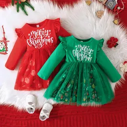Flickaklänningar 1 2 3 4y Baby Christmas Dress for Girls Red Green Santa Letter Party Tulle Tutu Toddler Year Costume Kids