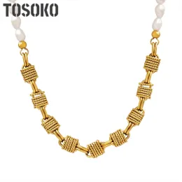 Necklaces TOSOKO Copper Jewelry Three Dimensional Square Freshwater Pearl Splicing Chain Necklace Women Fashion Collarbone Chain BSP1309