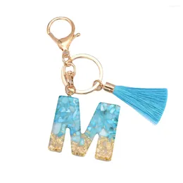 Keychains Fashion English Letter Keychain med Tassel Blue A-Z Keyring Glitter Sequins Filling Harts Nyckelkedjiga gåvor Tillbehör