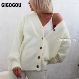 Damenstrickwaren GIGOGOU Edle Designer-Imitat-Nerz-Frauen-Cardigan-Pullover mit V-Ausschnitt, einreihige Damen-Cardigans, gestrickte weibliche Pullover-Top