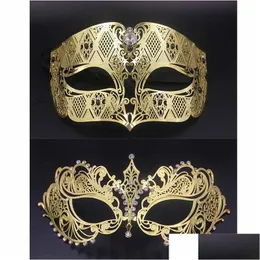 Máscaras de festa Gold Metal Máscara Fantasma Homens Mulheres Filigrana Venetian Set Masquerade Casal Cristal Cosplay Prom Casamento Gota Entrega Hom Dhubz