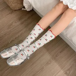 Kadın Çorap lolita tatlı kızlar fırfırlar kiraz baskı jk japon tarzı kawaii sevimli moda harajuku sokak kıyafetleri uzun