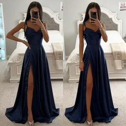 Marineblaues Ballkleid, A-Linie, Träger, Satin, Abendkleid, elegante Falten, geteilt, formell, lang, besondere Anlässe, Partykleid, Robe de Soiree