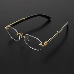豪華なリムレスアイウェアフレームホワイト本物の天然ホーン眼鏡C装飾18Kゴールドフレームデザイナー男性近視光学男性と女性54-21-145mm