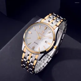 Wristwatches Fashionable Men And Women Couple Steel Band Watch Casual 3D Horizontal Stripe Luminous Calendar Gold Quartz