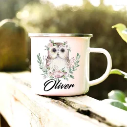 Mugs Personalised Owl Animal Print Coffee Cup For Women Gift Custom Camping Enamel Mug Cute Deer Tiger With Name Gifts Kid