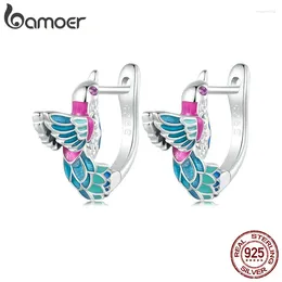 Brincos de argola bamoer 925 prata esterlina colorida esmalte kingfisher pássaro fivelas de orelha para mulheres joias finas da moda