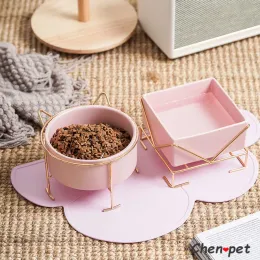 Ciotola per alimenti per animali domestici in ceramica rosa di lusso con supporto dorato Forniture per animali domestici per cani e gatti Alimentatore per acqua per alimenti per animali domestici in stile nordico