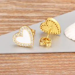 New Korean Engagement Enamel Cute Heart Stud 14k Yellow Gold Earrings for Women Girls White/Black Color Summer Wedding Jewelry Gifts