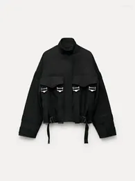 Kurtki damskie RR2784 Waterproot Black Bomber for Women Traf Oficjalny sklep kontrast wysokie szyi długie rękawy z pasującymi opaskami płaszcz