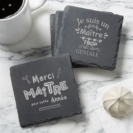 Table Mats Merci Maitre French Engrave Slate Coaster Insulation Non-Slip Coasters Anti-Scald Dining Drink Cup Mat Gifts For Teacher
