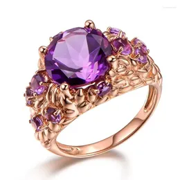 Cluster Rings Luxury Natural Amethyst Ring Female 14K Rose Gold Bague Etoile Gemstone Anillos De Bizuteria Agate Diamante For Women