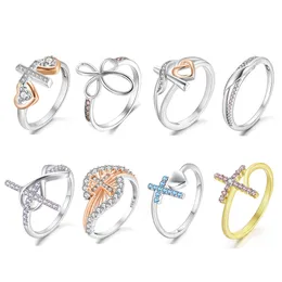 Maßgeschneiderter Fingerring aus 925er Sterlingsilber, 14 Karat vergoldet, rosa Unendlichkeitsherz, kubischer Zirkon, Kreuz-Fingerring, zweifarbig, Schmuck für Damen