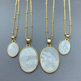 Pendant Necklaces Religious Oval Medal Virgin Mary Guadalupe Necklace Women Mother Of Pearl Shell Chokers Jewelry For Female Gifts