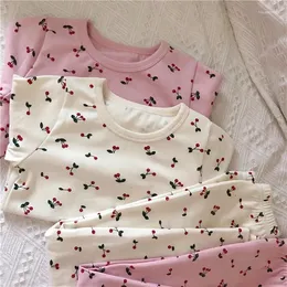 Clothing Sets Autumn Winter Baby's Pure Cotton Cherry Printed Underwear O Neck Cartoon Girls Long Johns Pajamas Set For Children