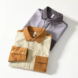 Spring and autumn high-quality mens Corduroy collar cotton 100% casual  patch work shirt pocket mens top240802