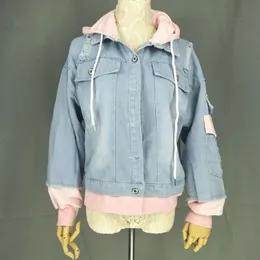 Oversized Hooded Denim Jacket - Womens Distressed Jean Coat
