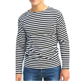 Genuine Russian Telnyashka Striped Long Sleeve T-Shirt – Light Blue & White Woven Stripes, 100% Cotton