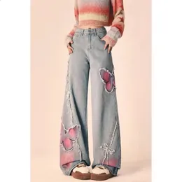 Butterfly Embroidered Wide Leg Jeans: Y2K Streetwear, Raw Edge