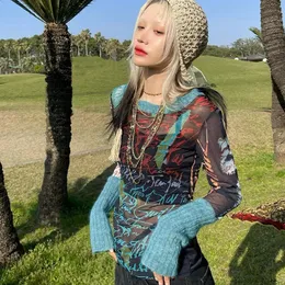 Mesh Patchwork Long Sleeve Top - Y2k Graphic Tee, 90s Style