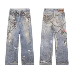 ジーンズ ユニセックス グラフィティ3Dプリント チェーン Vintage Graffiti Baggy Ripped Jeans Mens With Chain Print