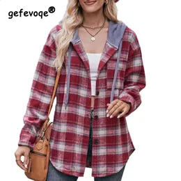 Plaid Hooded Flannel Coat Womens Casual Loose Fit Shirt Jacket For