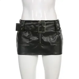 CIBBAR Sexy Super Short Leather Skirt Punk Style PU Wide Belt Patchwork Low  Rise Mini Skirts for Women Gothic y2k Aesthetic Chic 240813