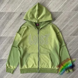 Intricate Green Rhinestone Oversized Zip-Up Hoodie for Men