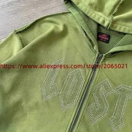 Intricate Green Rhinestone Oversized Zip-Up Hoodie for Men