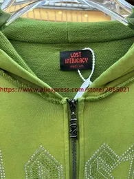 Intricate Green Rhinestone Oversized Zip-Up Hoodie for Men